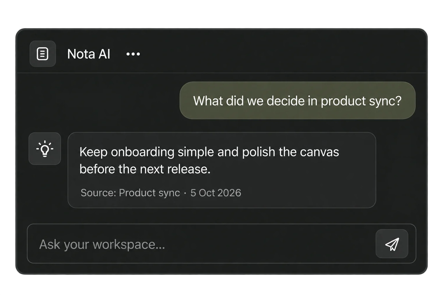 An illustrative Nota AI answer to a question about product sync, with a source pointing back to the meeting note.