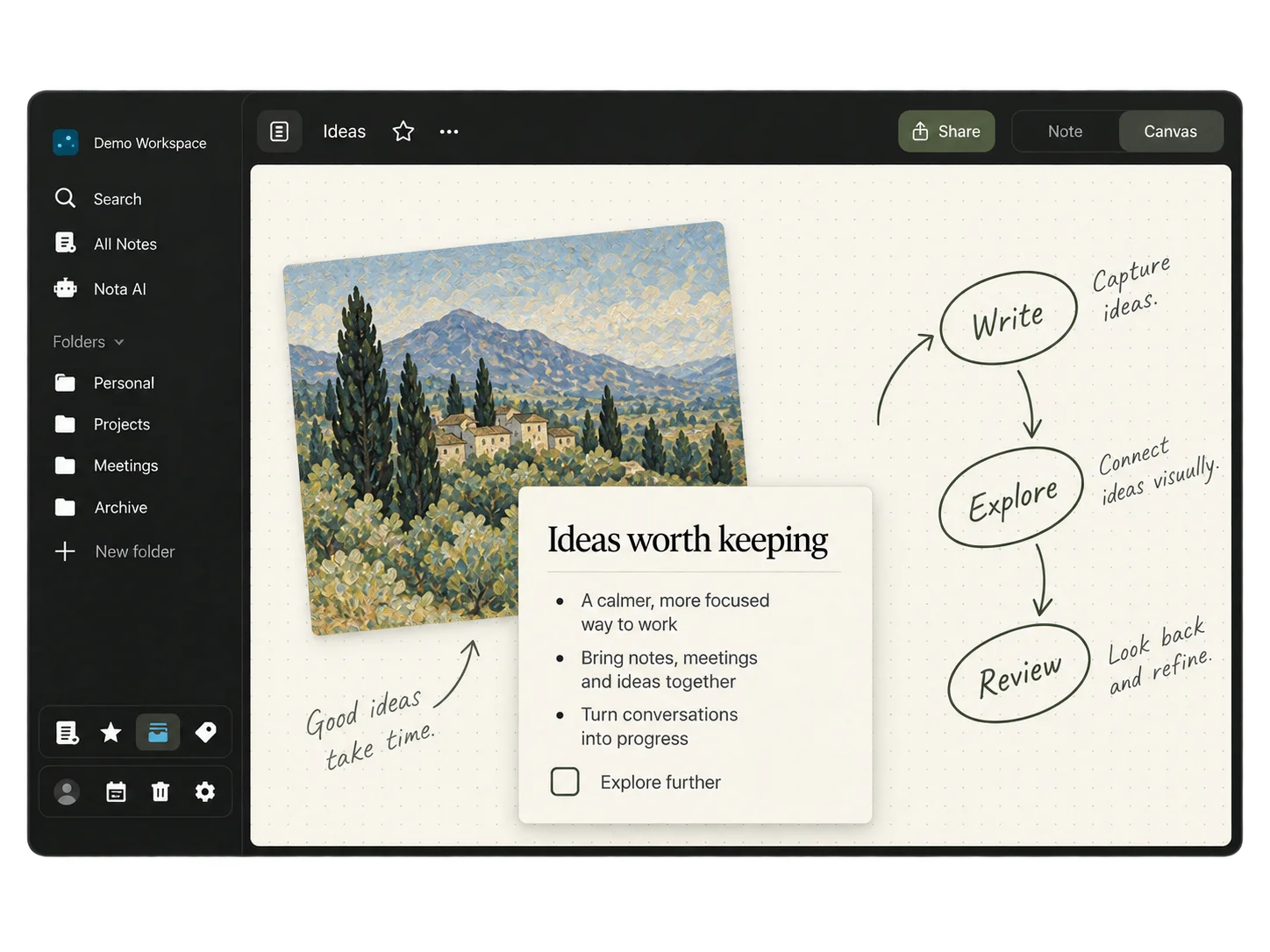 Nota canvas with a landscape, an editable note, and connected ideas for writing, exploring, and reviewing.