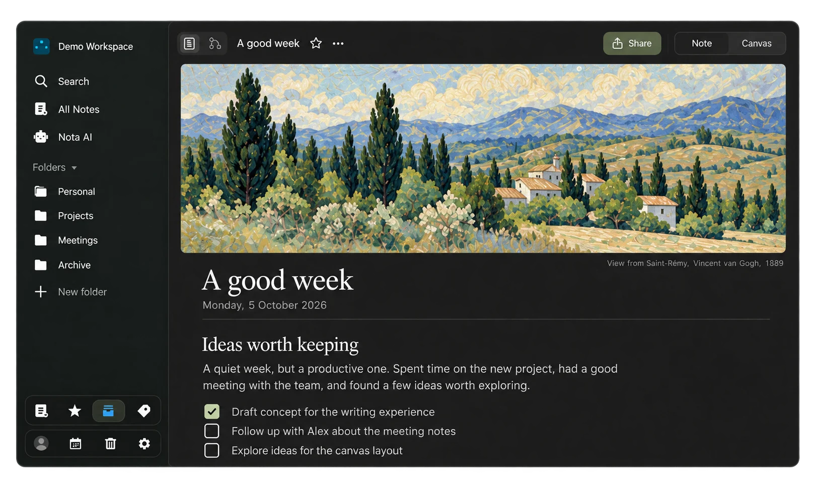 Nota note view: a landscape cover, a good week of ideas, and a checklist beside the local workspace sidebar.