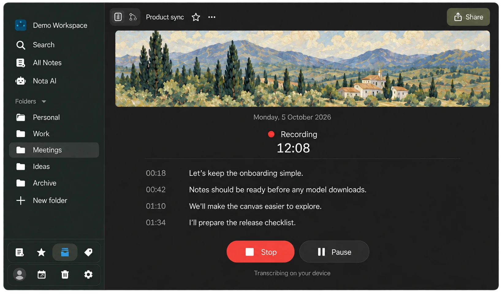 Nota recording a product meeting locally, with an elapsed timer, timestamped transcript, and Stop and Pause controls.